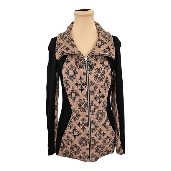 Tonia Debellis Light Brown Black Patterned Zip Sweater Sz M - Picture 2 of 10